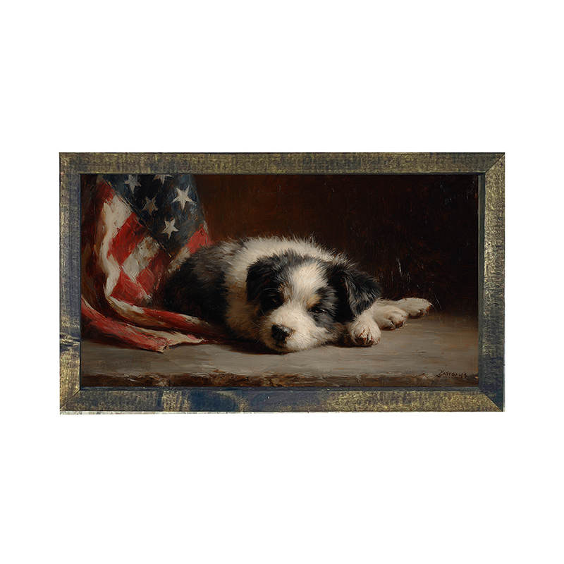 Black and White Dog Resting near Flag - Horizontal Frame