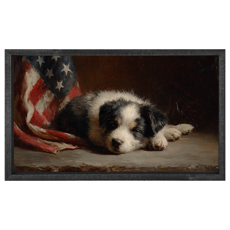 Black and White Dog Resting near Flag - Horizontal Frame