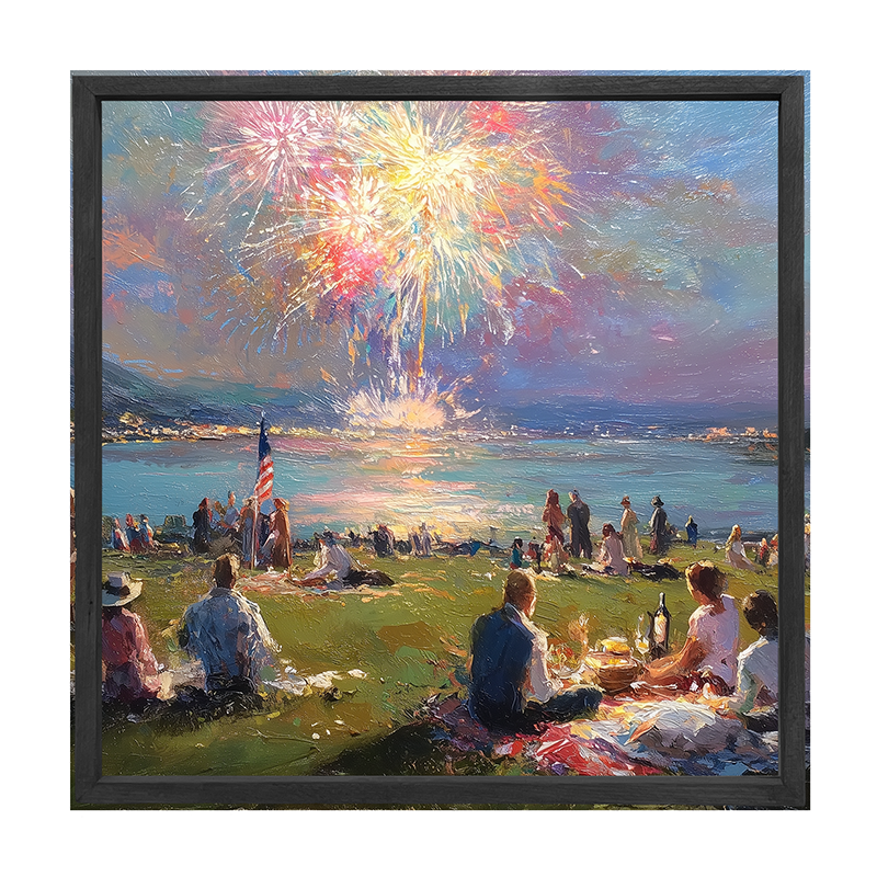 Fireworks and families at the lake - Square Frame