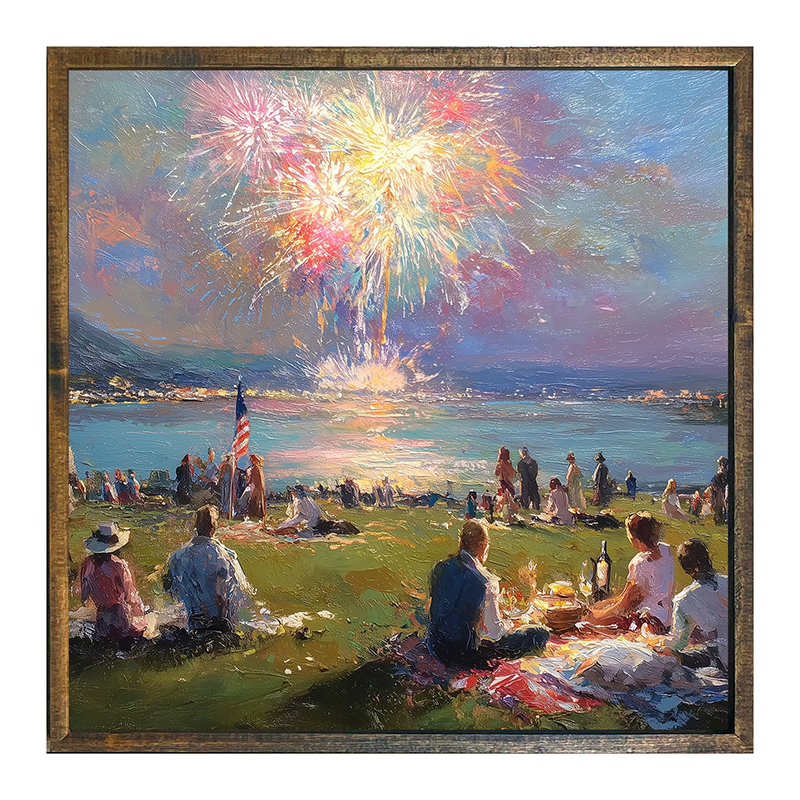 Fireworks and families at the lake - Square Frame