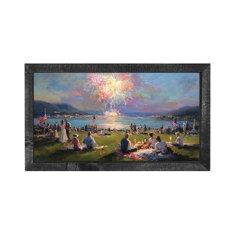 Fireworks and families at the lake - Horizontal Frame