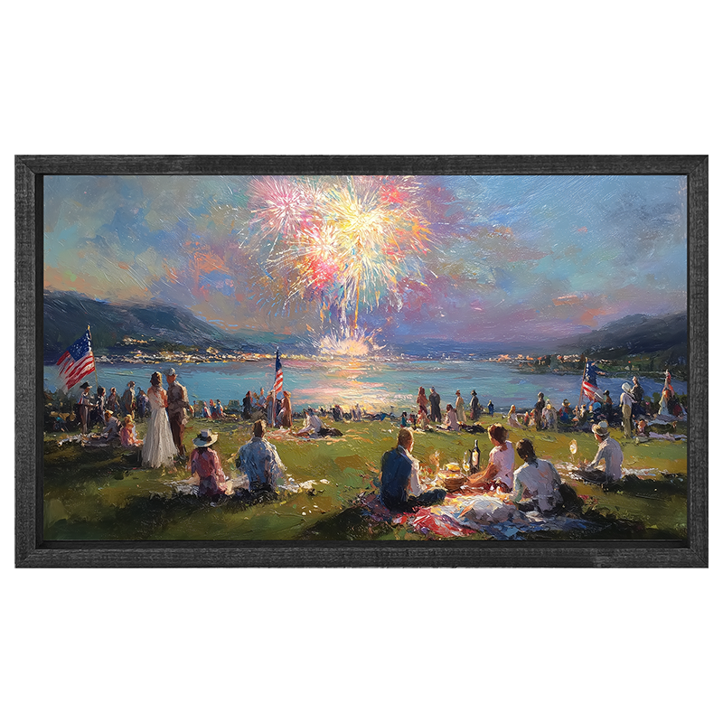Fireworks and families at the lake - Horizontal Frame