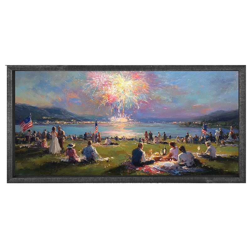 Fireworks and families at the lake - Horizontal Frame