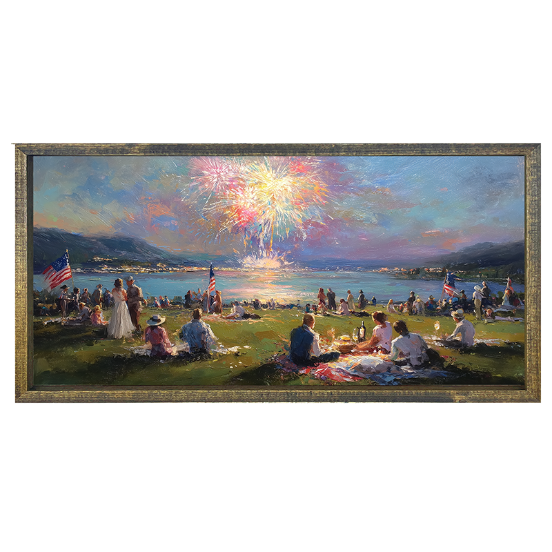 Fireworks and families at the lake - Horizontal Frame