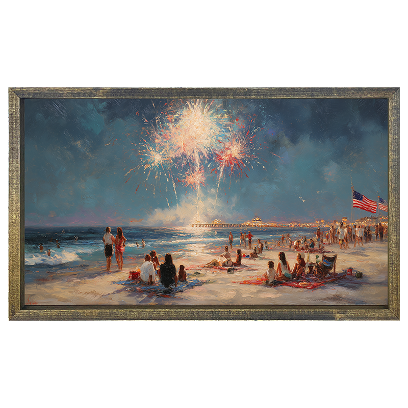 Fireworks and families at the Beach - Horizontal Frame