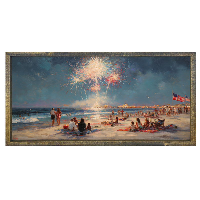 Fireworks and families at the Beach - Horizontal Frame