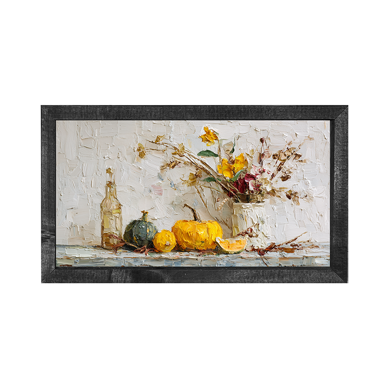 Sideboard Still Life - Pumpkins with Rustic Floral Arrangement - Horizontal Frame