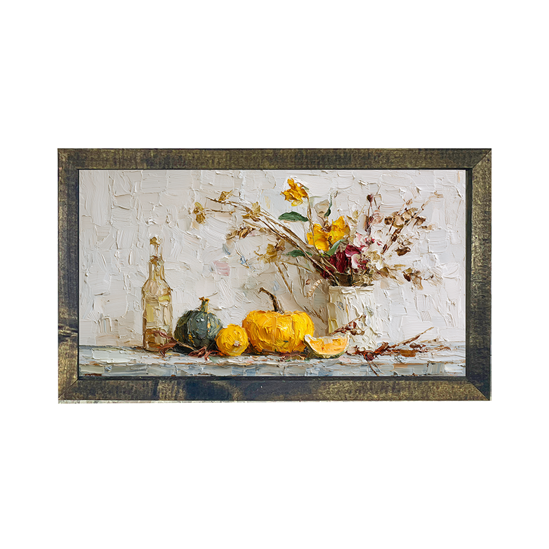 Sideboard Still Life - Pumpkins with Rustic Floral Arrangement - Horizontal Frame