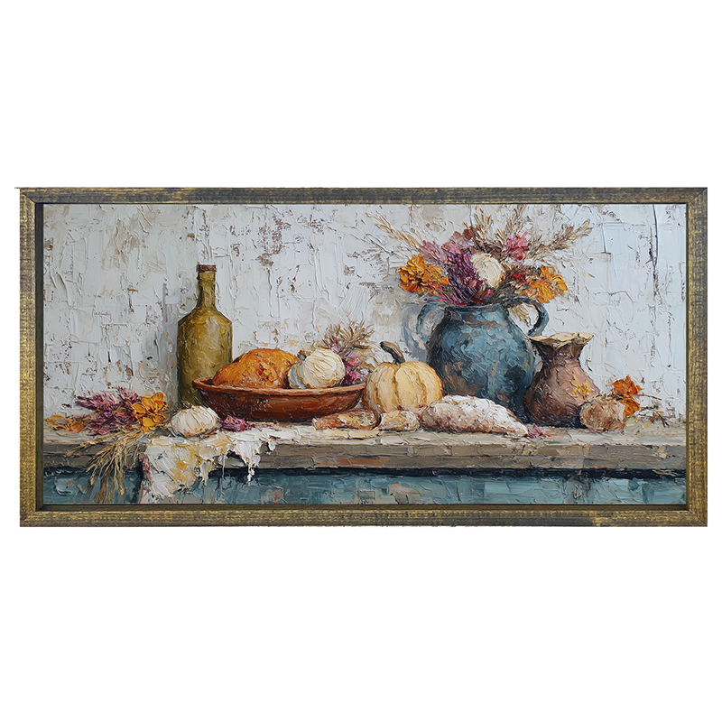Sideboard Still Life - Pumpkins with Purple Floral Arrangement - Horizontal Frame