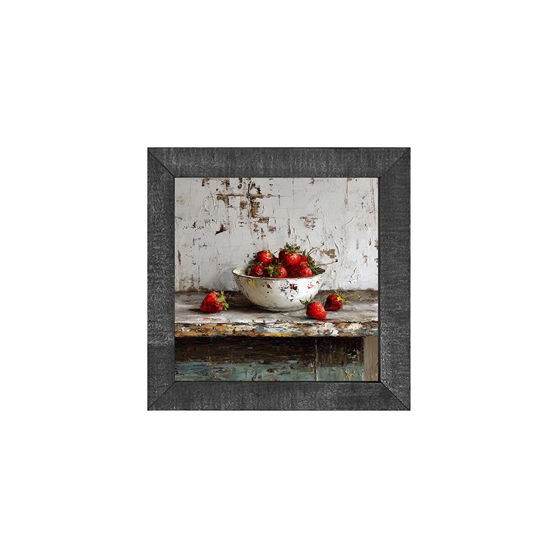 Sideboard Still Life - Rustic Blue Table with Strawberries - Square Frame