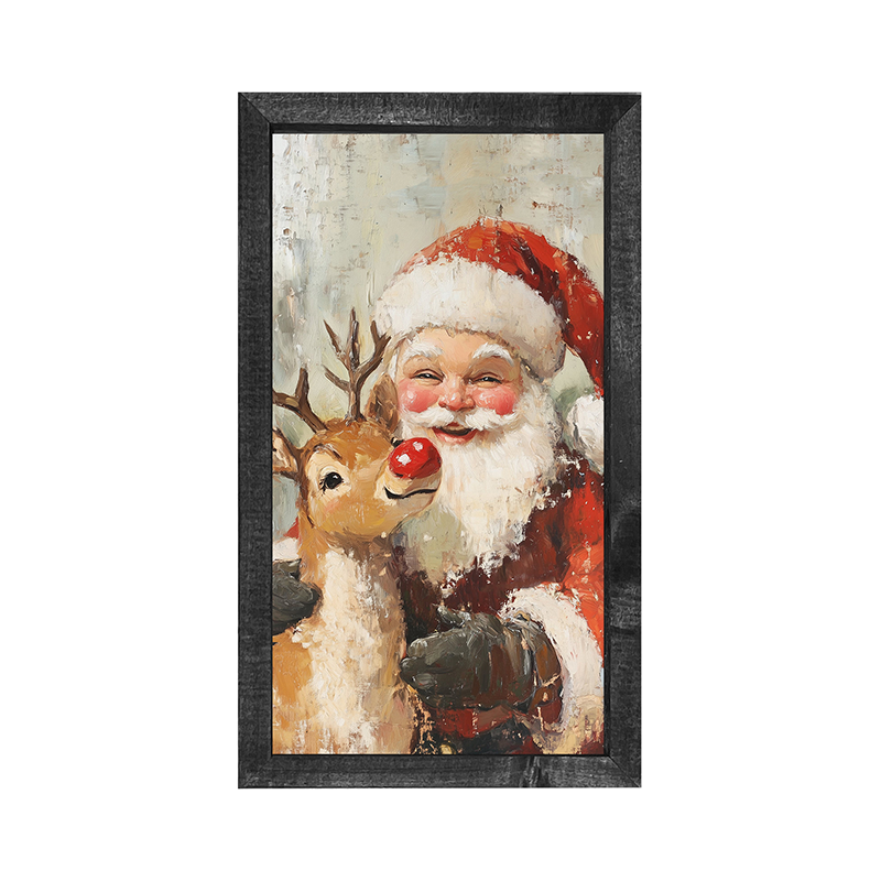 Santa Smiling with Reindeer - Vertical Frame