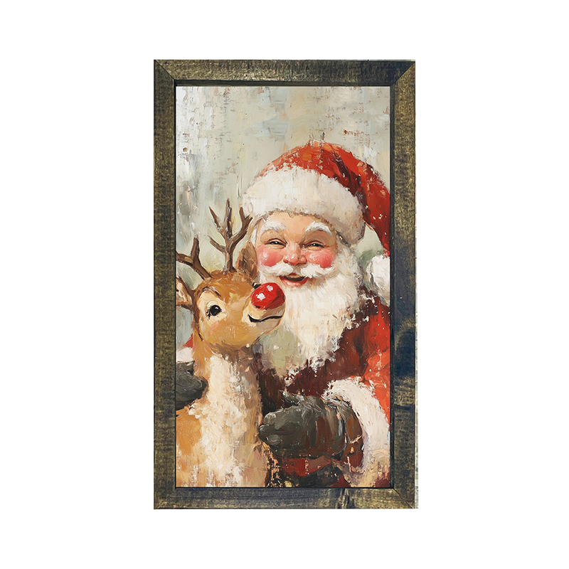 Santa Smiling with Reindeer - Vertical Frame