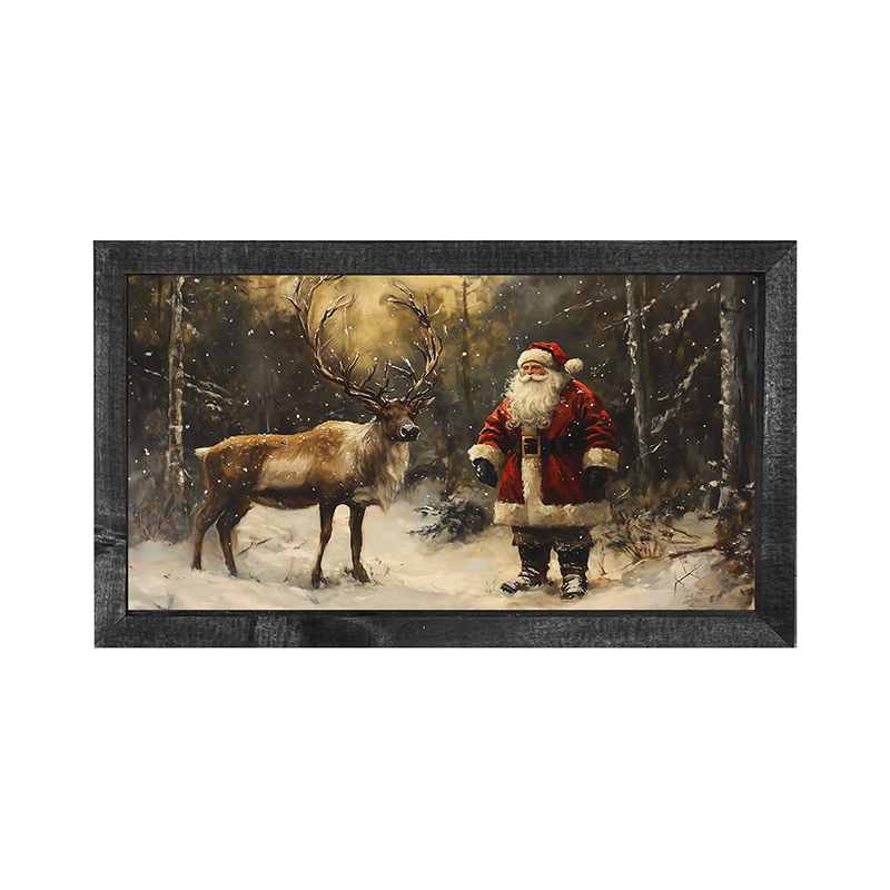 Santa with Reindeer in Forest - Horizontal Frame