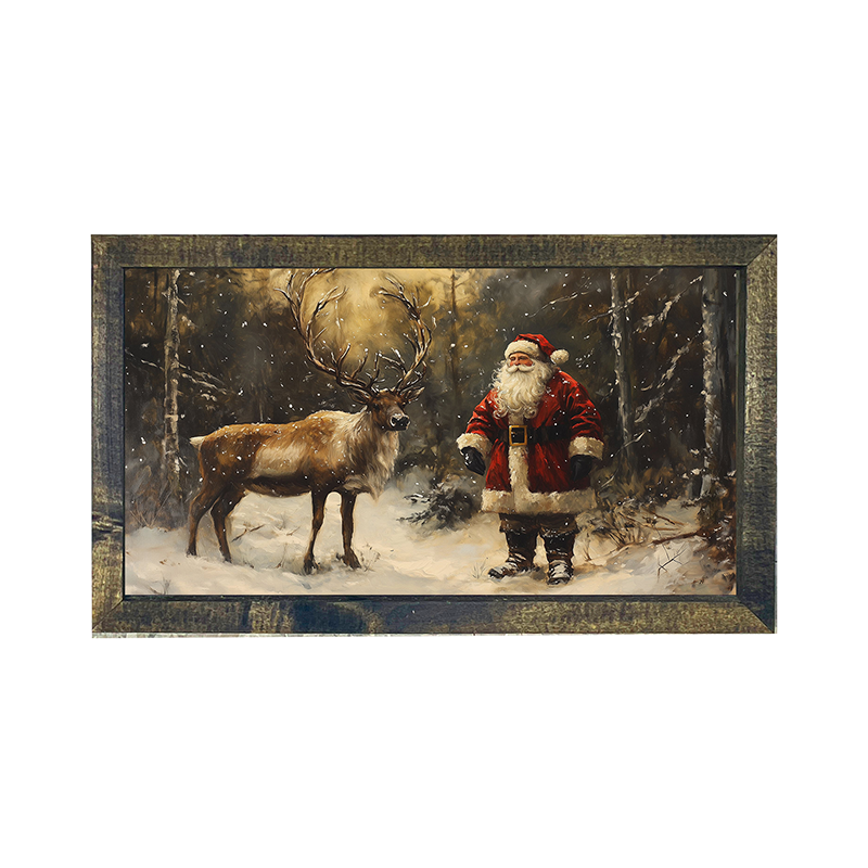 Santa with Reindeer in Forest - Horizontal Frame