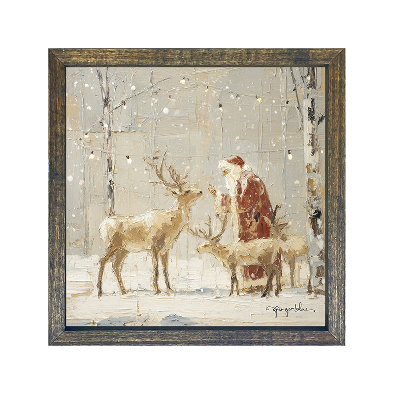 Santa Visiting Reindeer under Lights