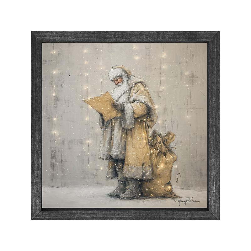 Santa Checking his List under Christmas Lights