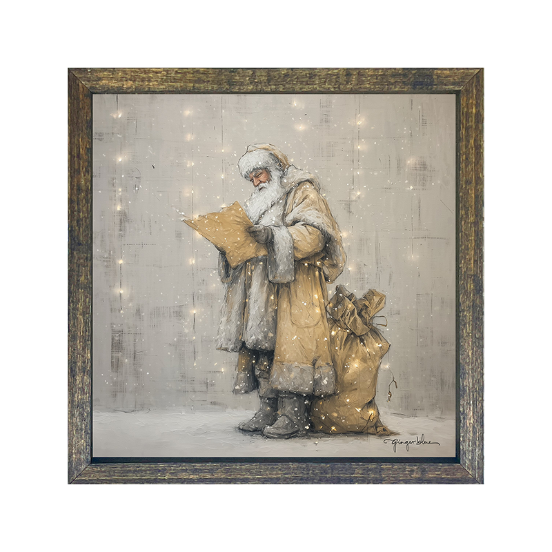 Santa Checking his List under Christmas Lights