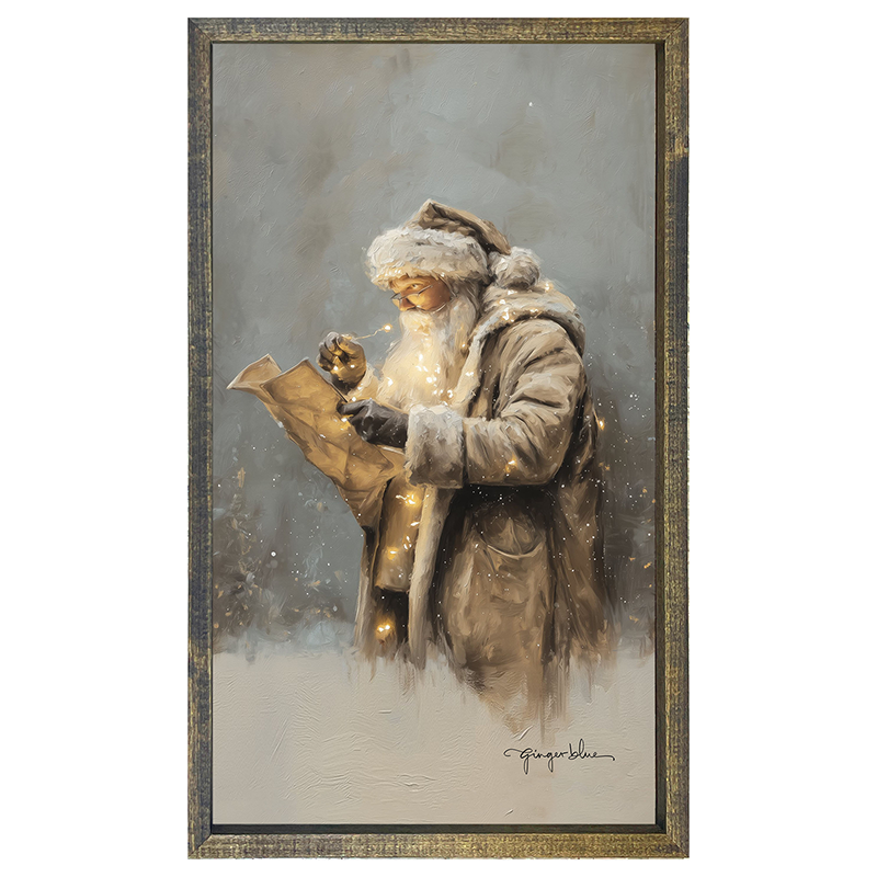 Santa Reading his list with Christmas Lights - Vertical Frame