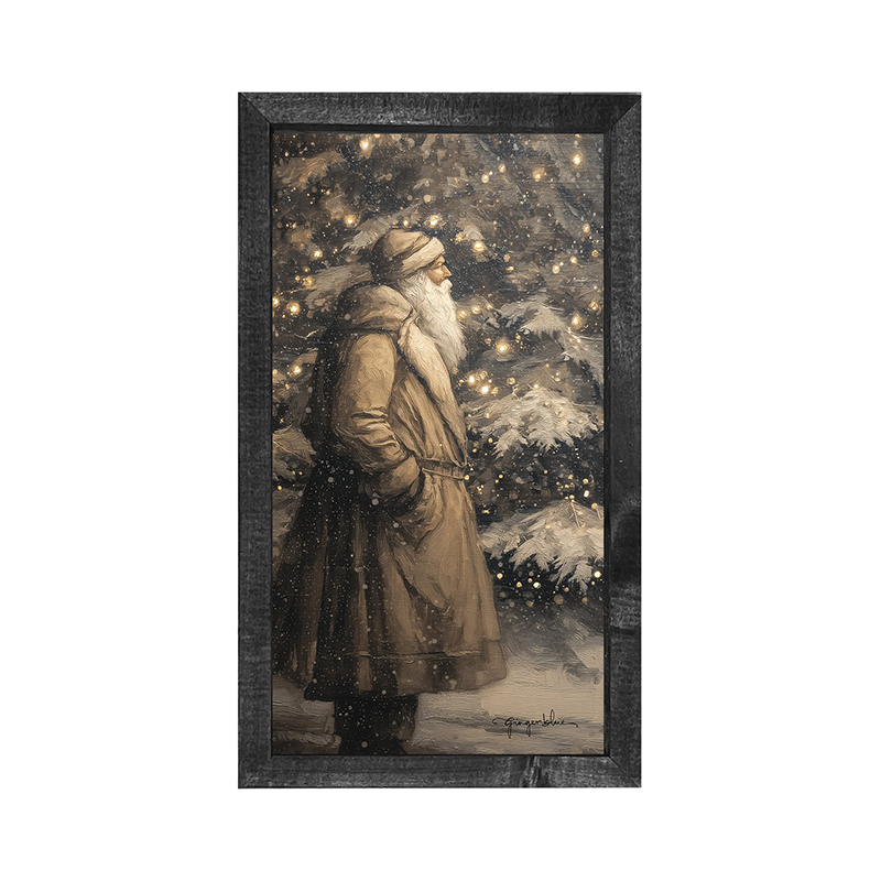 Santa near Lit Christmas Tree - Vertical Frame