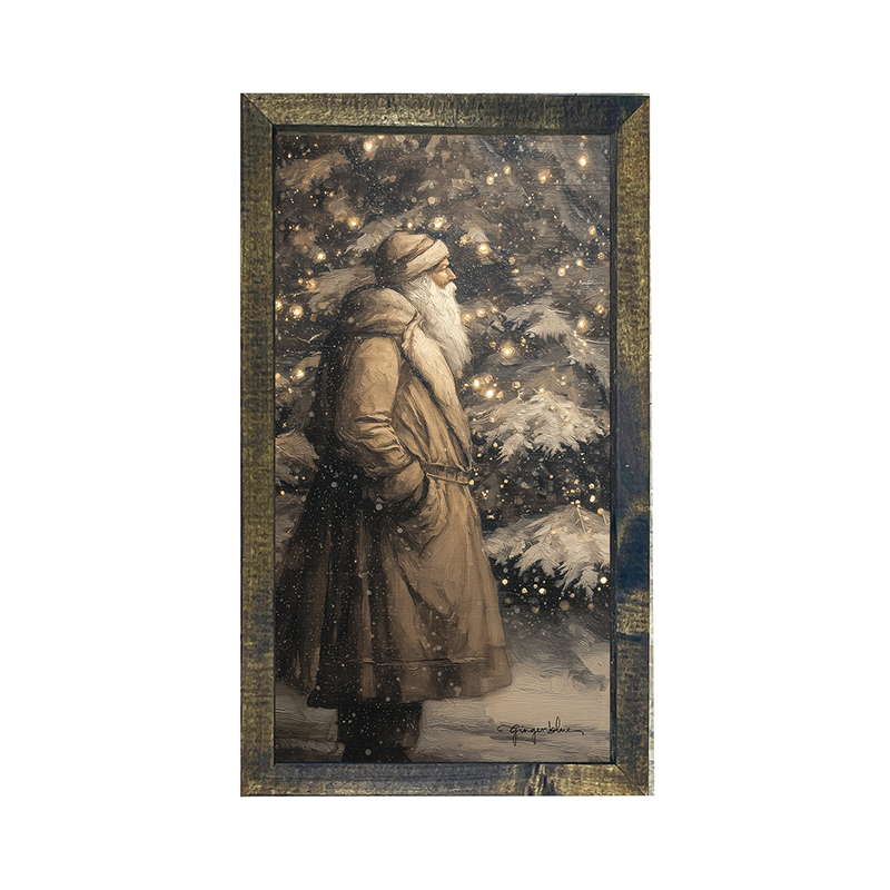 Santa near Lit Christmas Tree - Vertical Frame