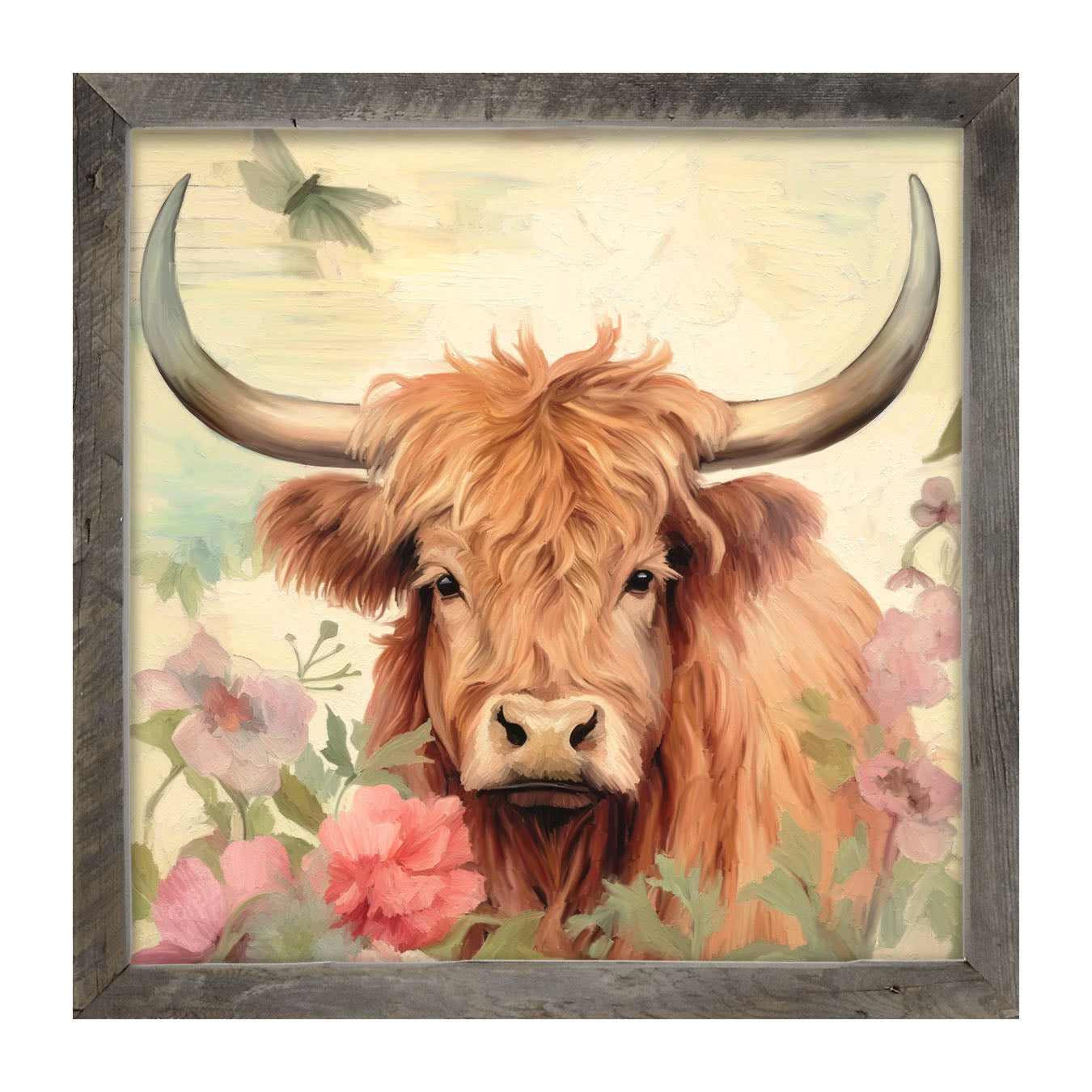 Brown Highland cow with flowers