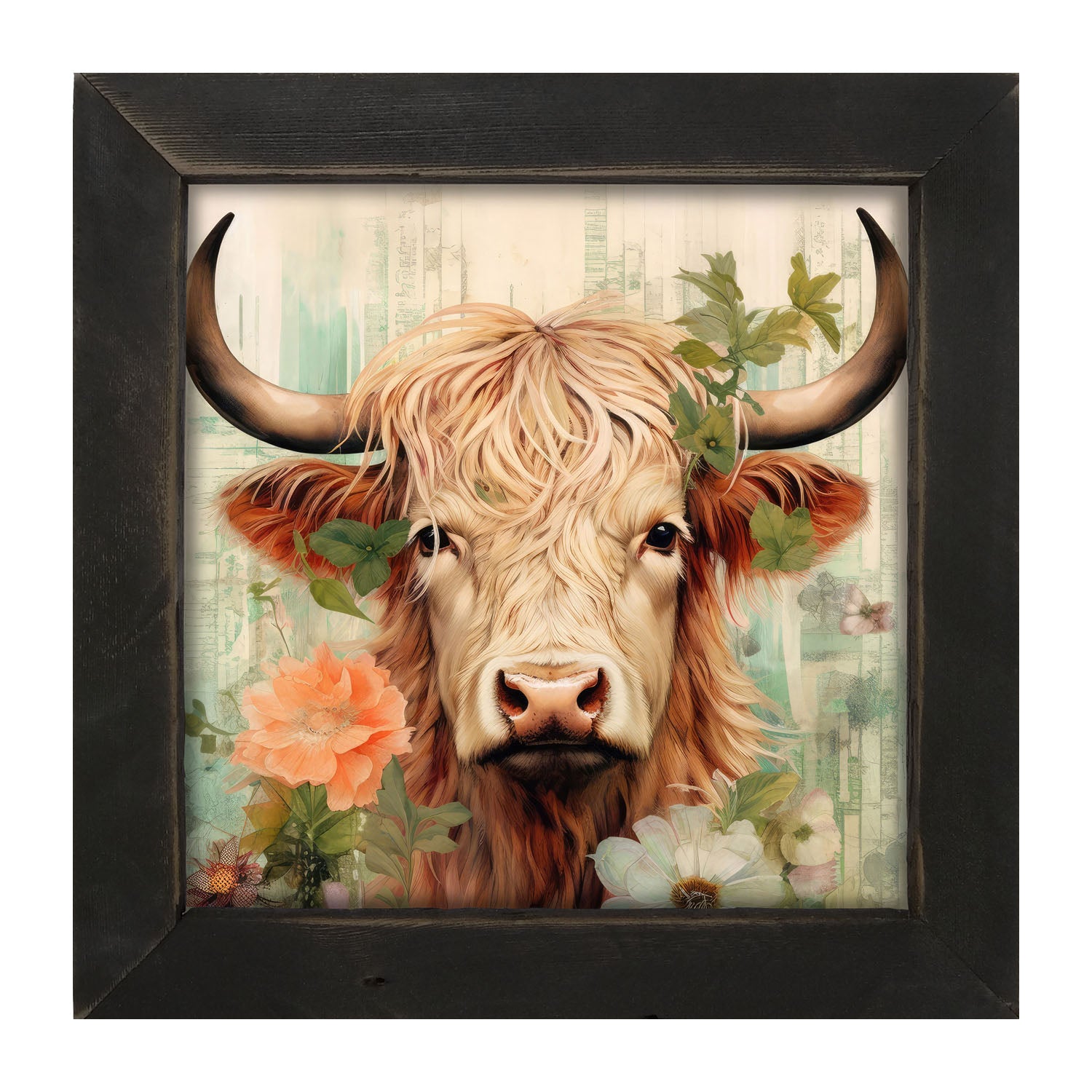 Brown and White Highland cow with flowers - Framed art