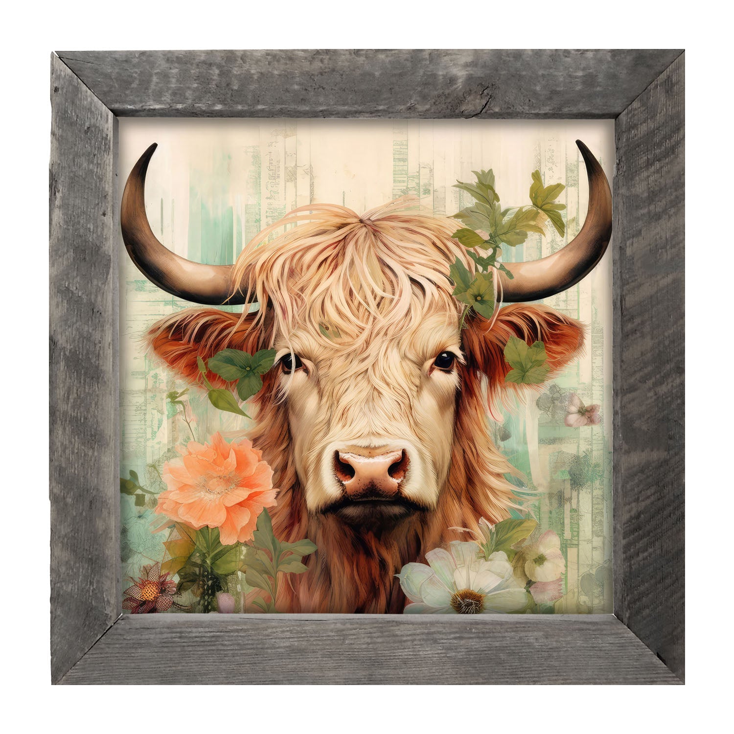 Brown and White Highland cow with flowers - Framed art