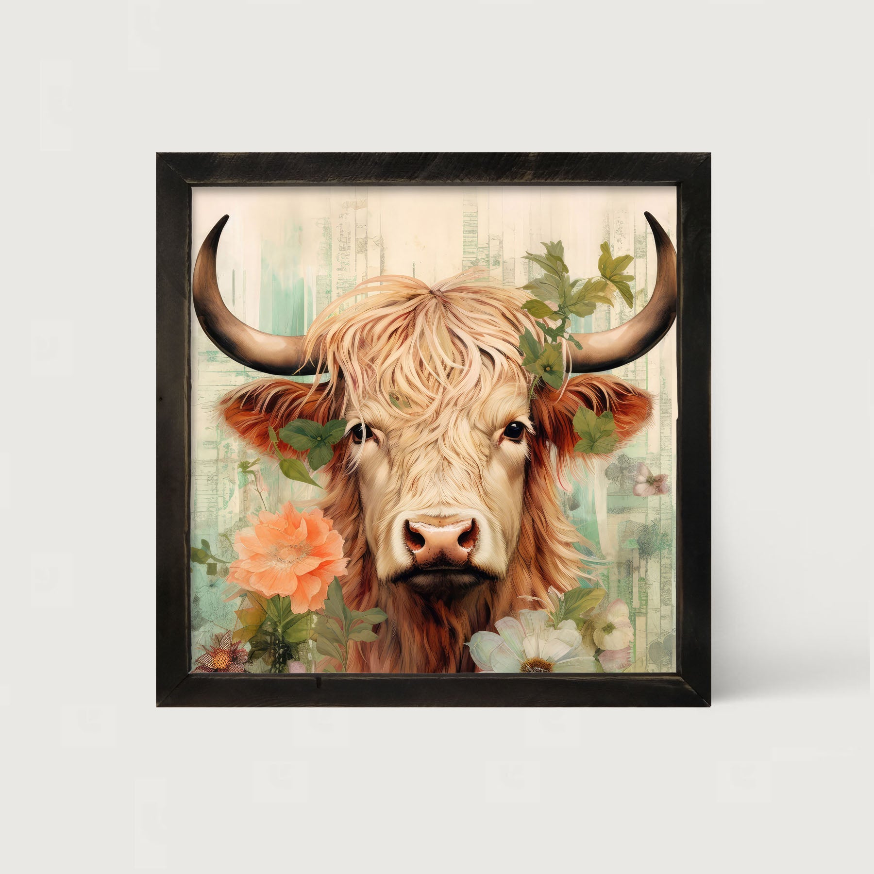 Brown and White Highland cow with flowers - Framed art