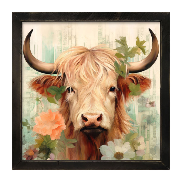 Brown and White Highland cow with flowers