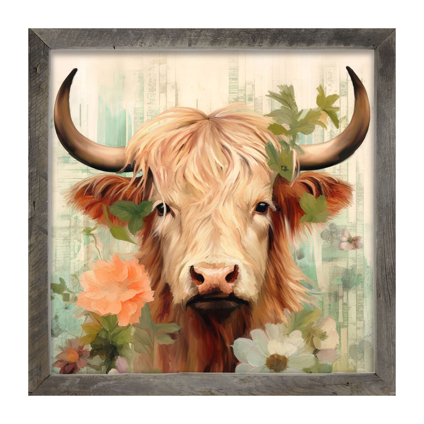 Brown and White Highland cow with flowers