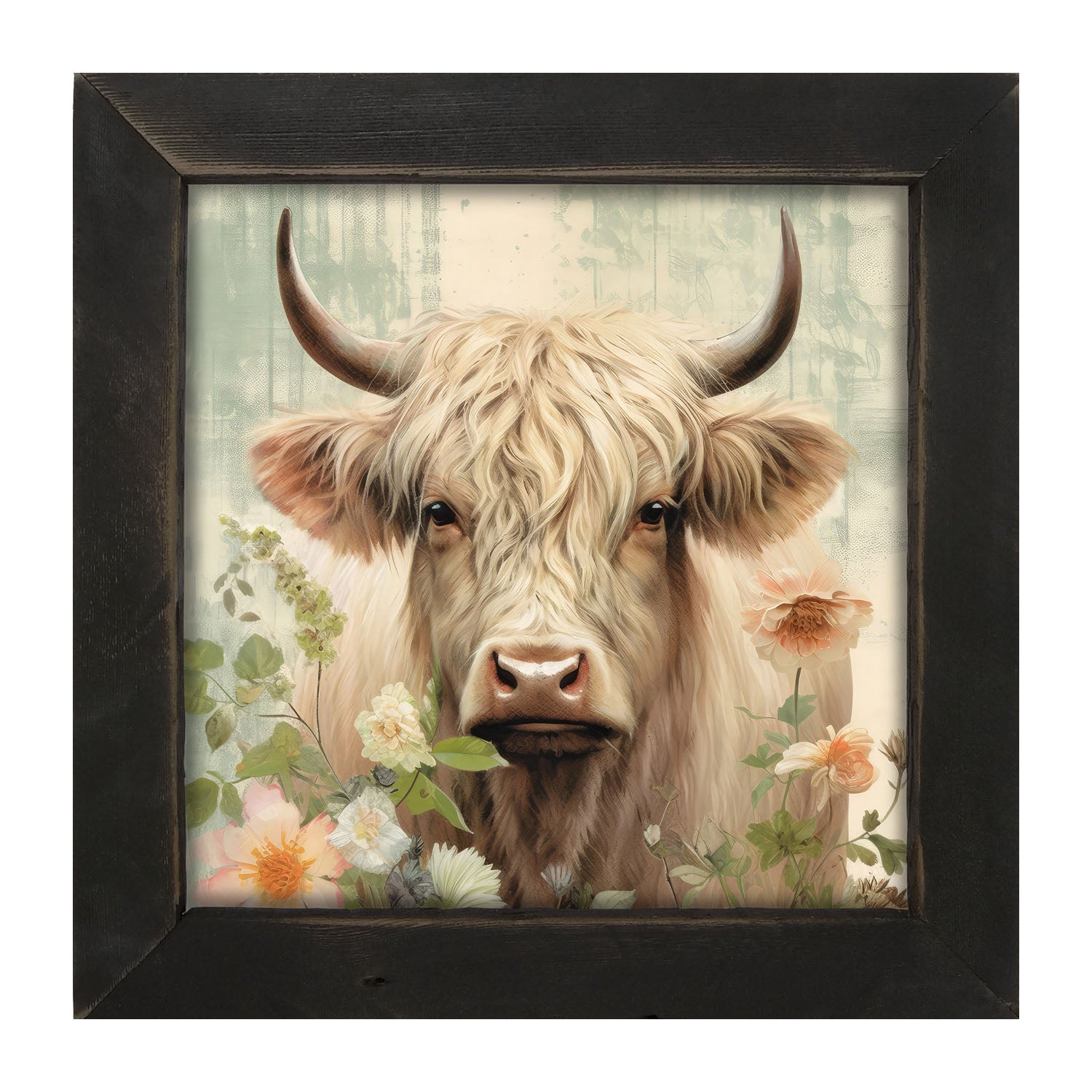 White Highland cow with flowers - Framed art