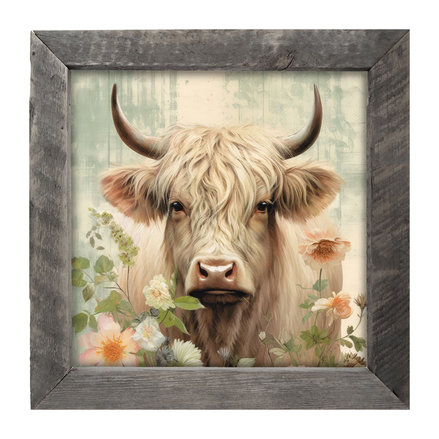 White Highland cow with flowers - Framed art