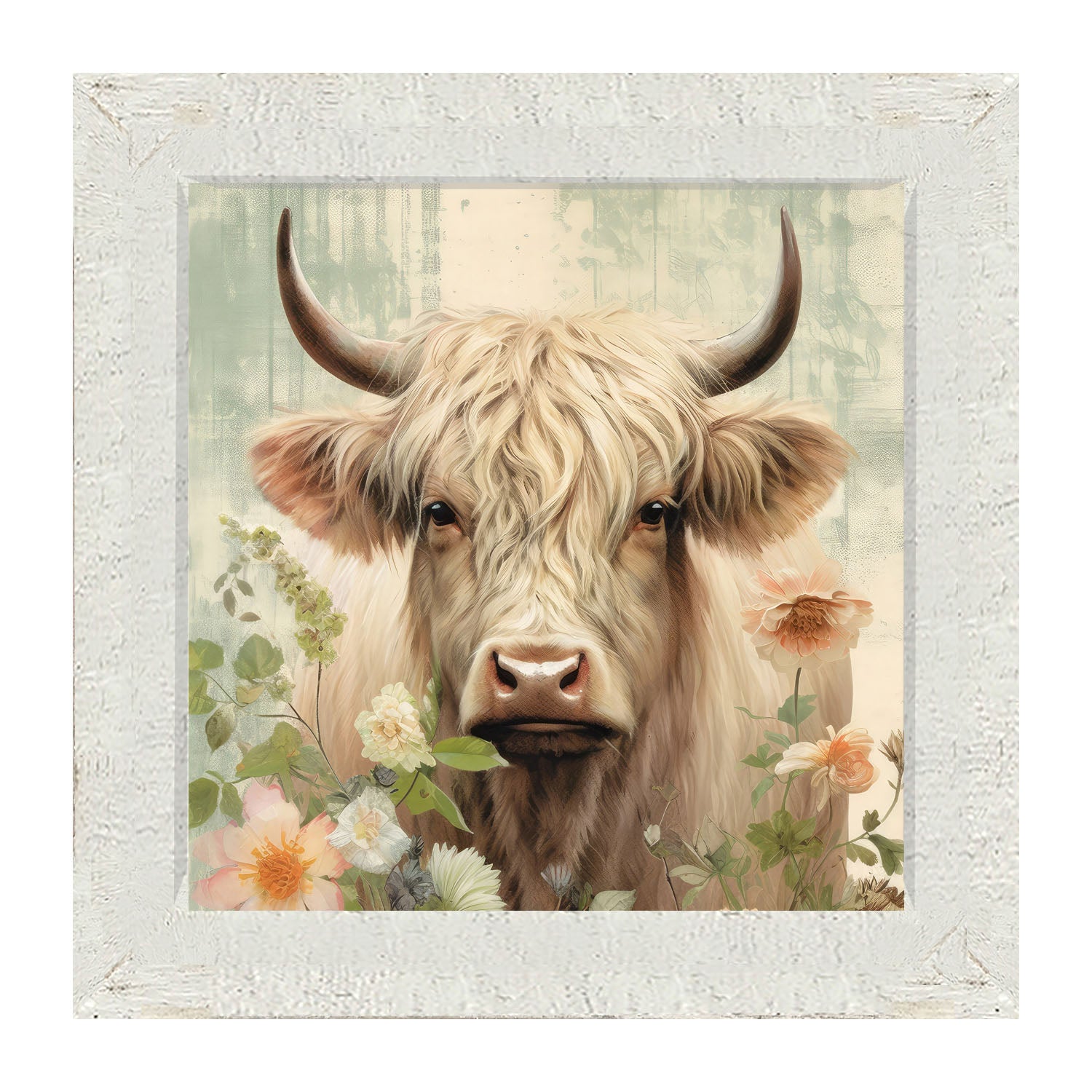 White Highland cow with flowers - Framed art