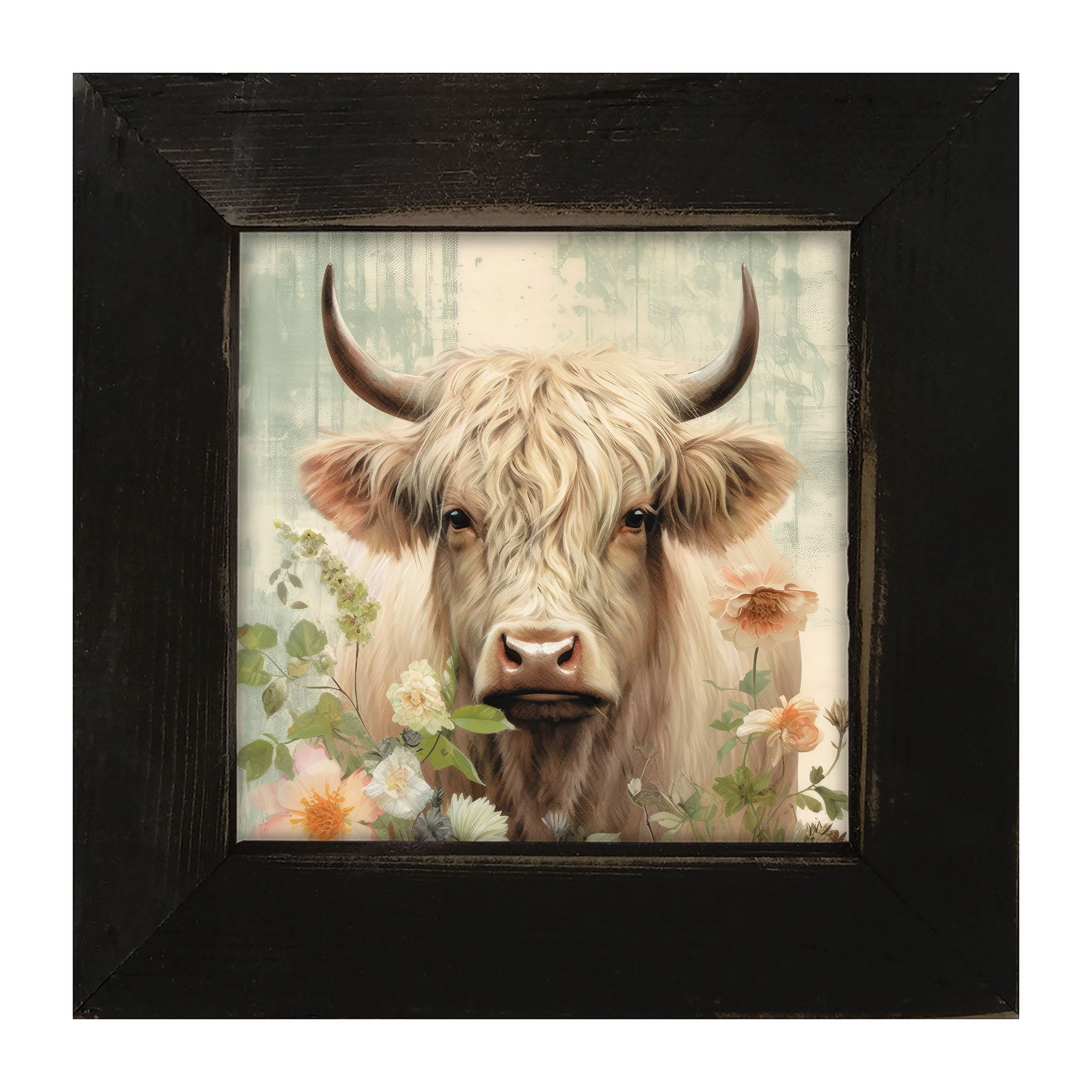 White Highland cow with flowers - Framed art