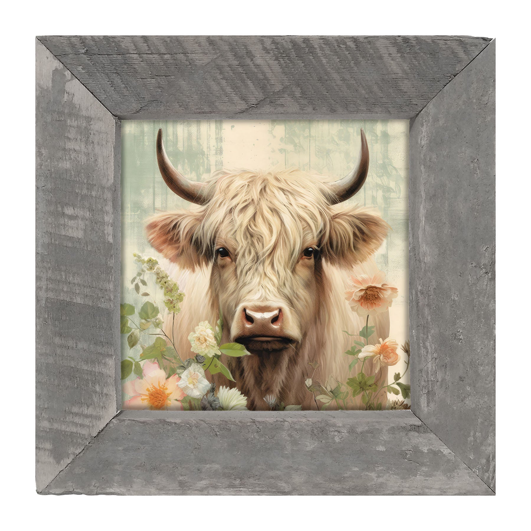 White Highland cow with flowers - Framed art