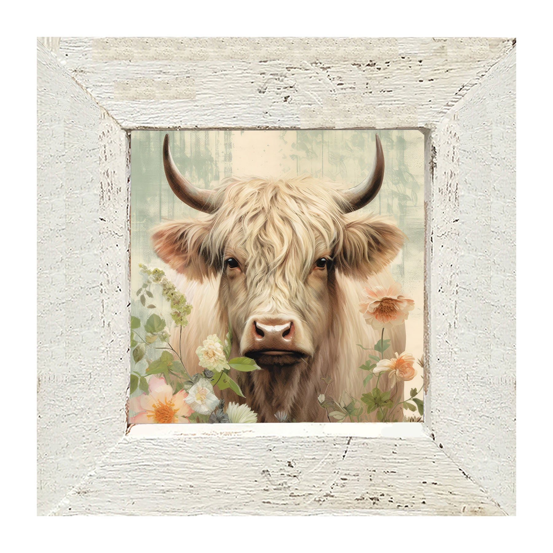 White Highland cow with flowers - Framed art