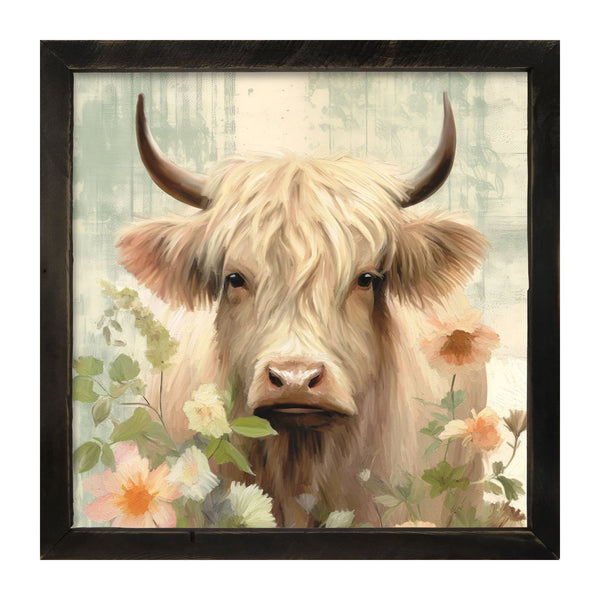 White Highland cow with flowers