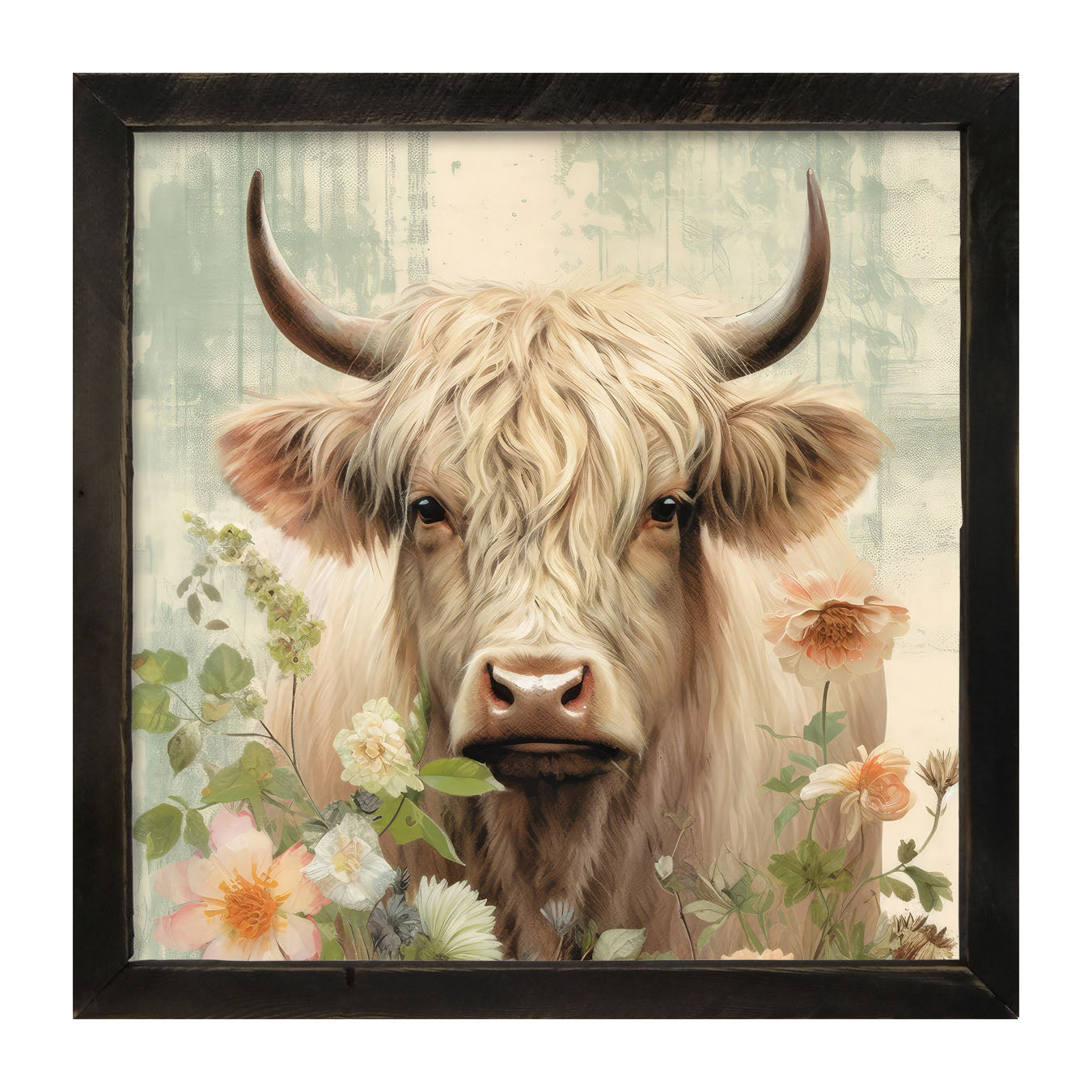 White Highland cow with flowers - Framed art