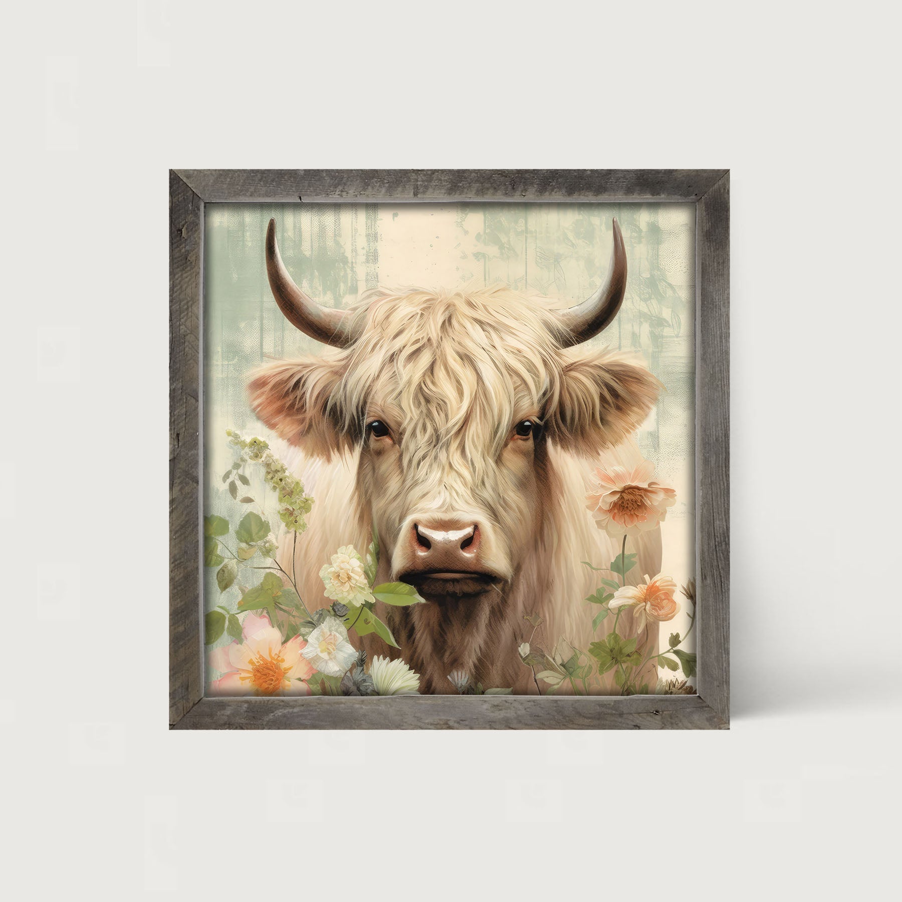 White Highland cow with flowers - Framed art