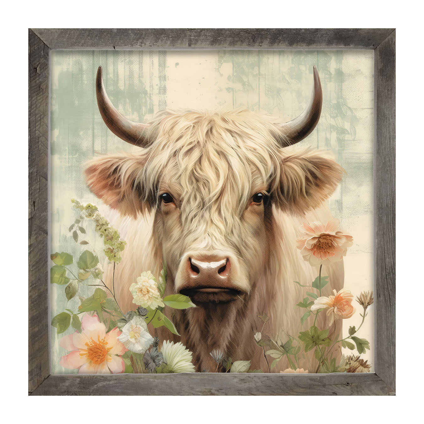 White Highland cow with flowers - Framed art