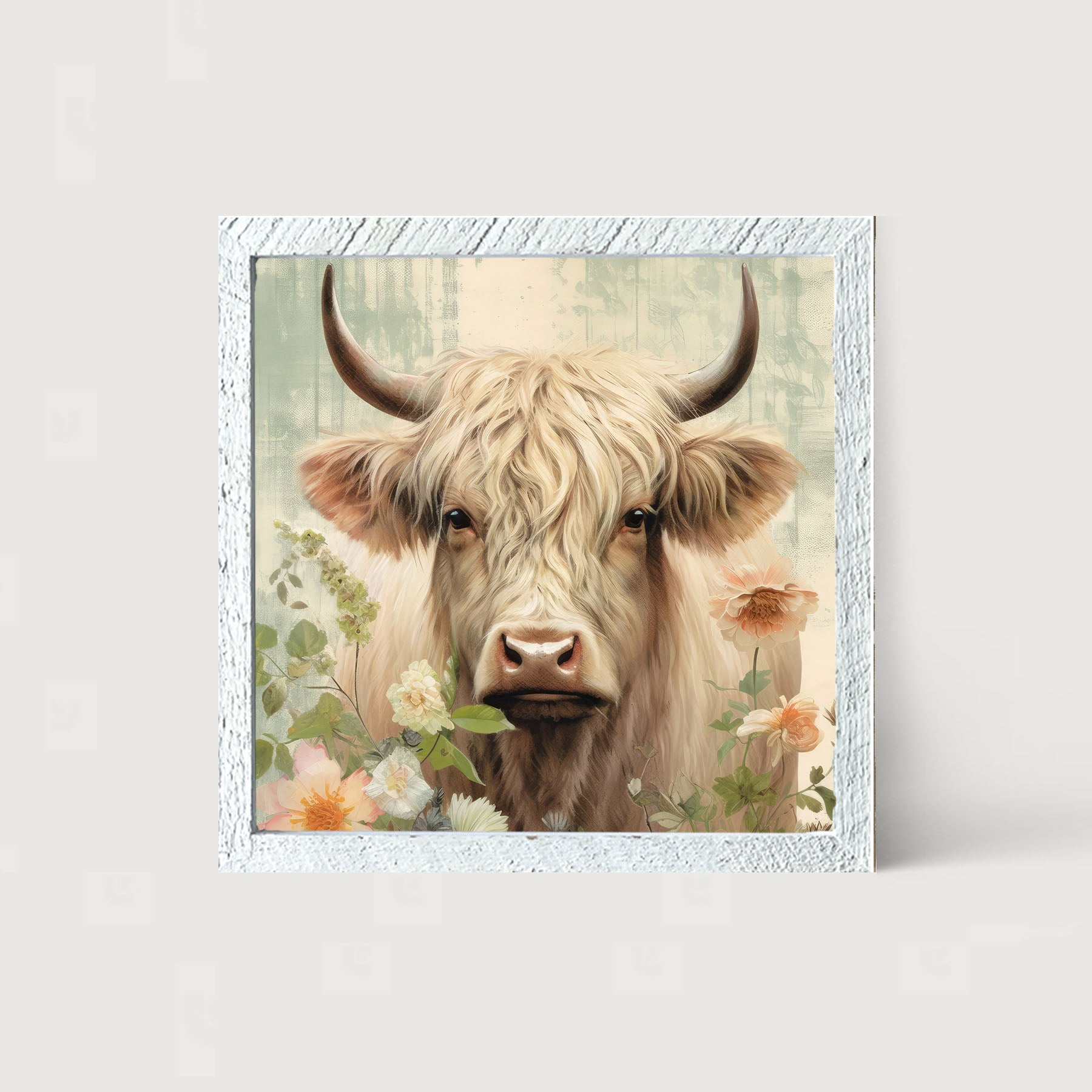 White Highland cow with flowers - Framed art