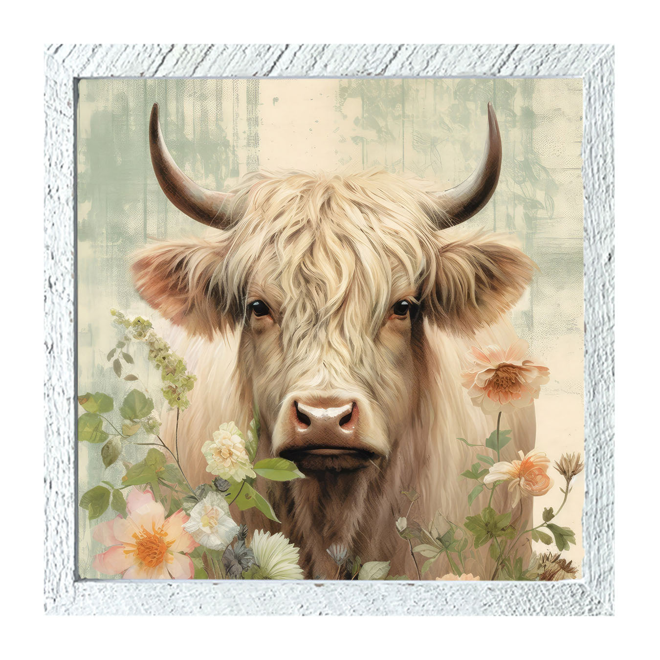 White Highland cow with flowers - Framed art