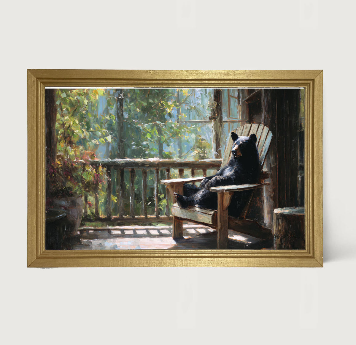 Bear Relaxing on Porch - Framed Art