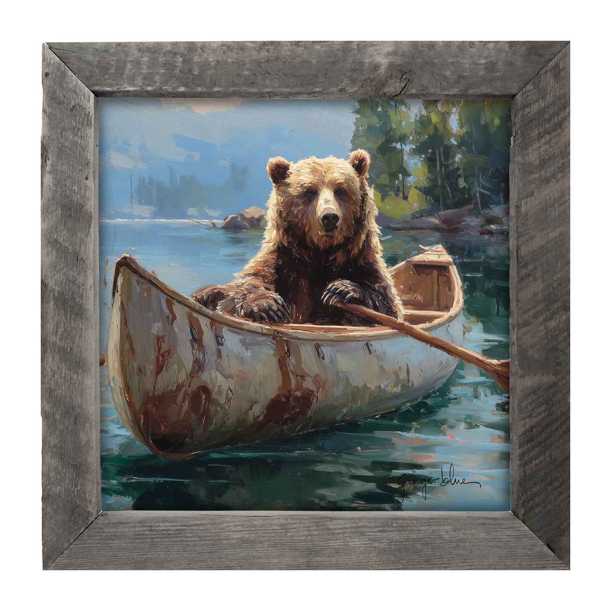Brown Bear Rowing a Canoe - Framed Art
