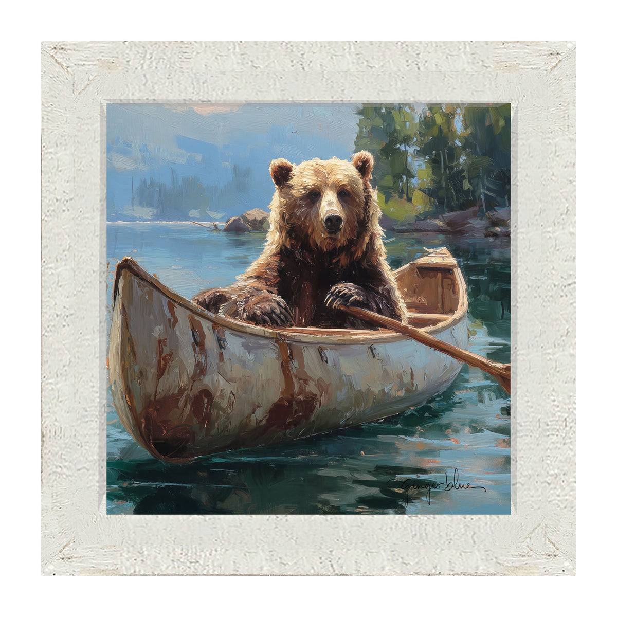 Brown Bear Rowing a Canoe - Framed Art