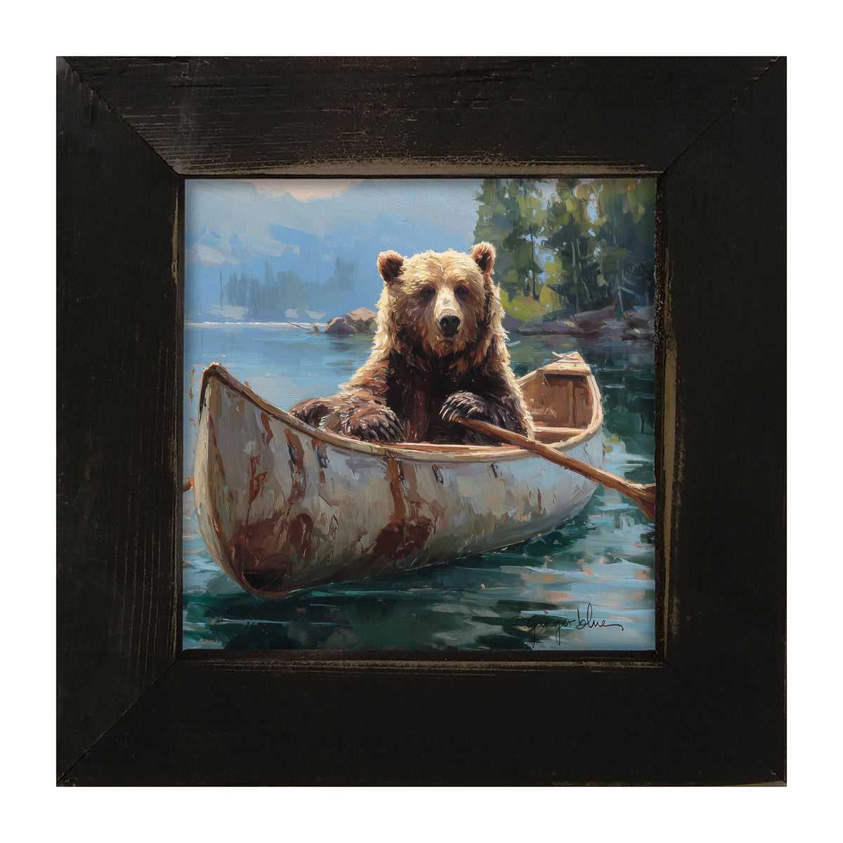 Brown Bear Rowing a Canoe - Framed Art