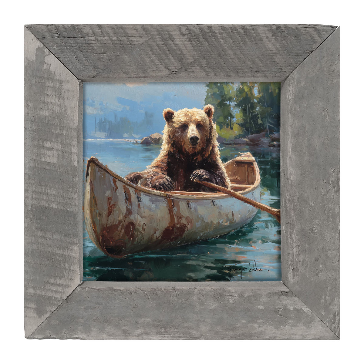 Brown Bear Rowing a Canoe - Framed Art