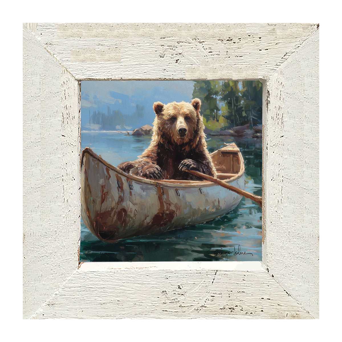 Brown Bear Rowing a Canoe - Framed Art