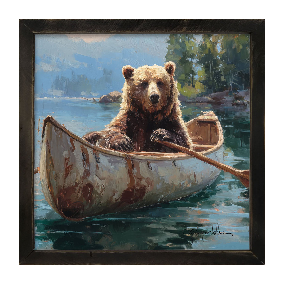 Brown Bear Rowing a Canoe - Framed Art