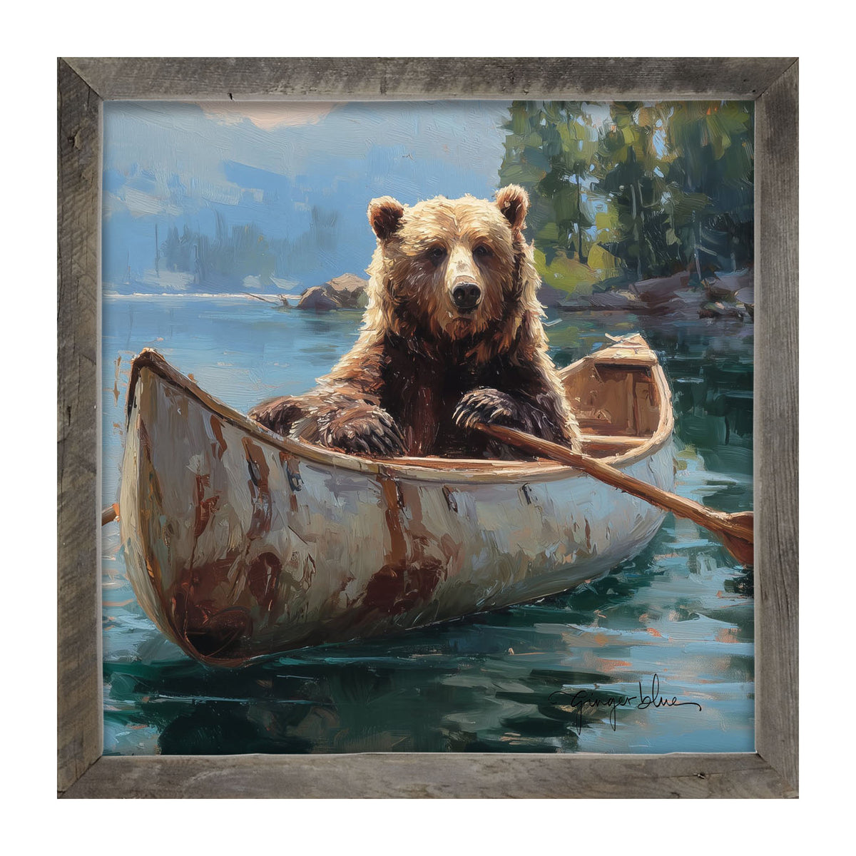 Brown Bear Rowing a Canoe - Framed Art
